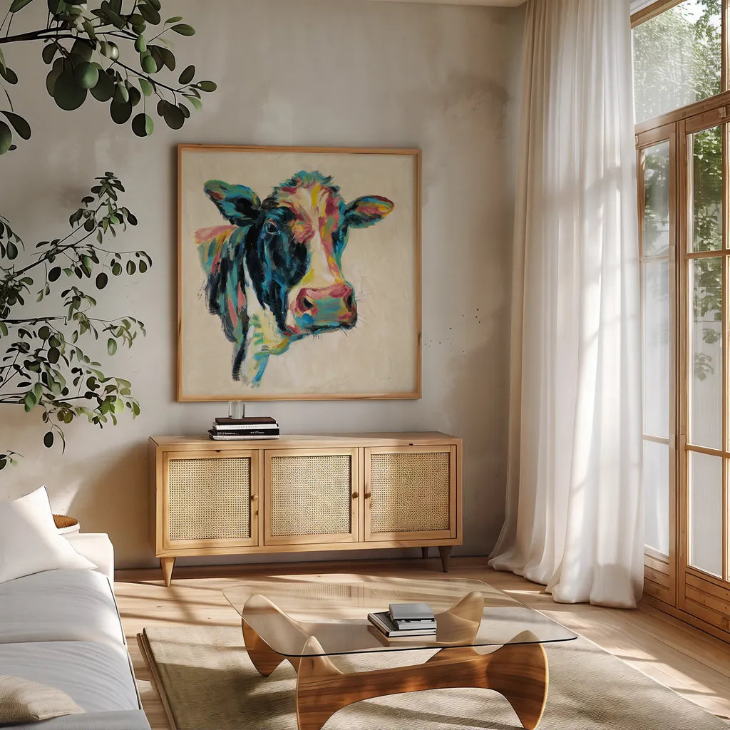Expressionistic Cow I v2 by Silvia Vassileva. Shown in a natural wood frame in a cozy modern living room. Available as an archival giclee rolled canvas, fine art paper, or poster print. SKU 54354a.
