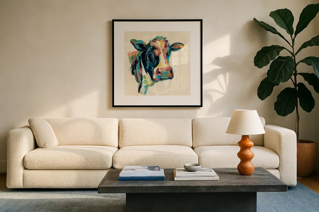 Expressionistic Cow I v2 by Silvia Vassileva. Displayed in a glass frame with matte in a clean modern living room. Available as an archival giclee rolled canvas, fine art paper, or poster print. SKU 54354a.