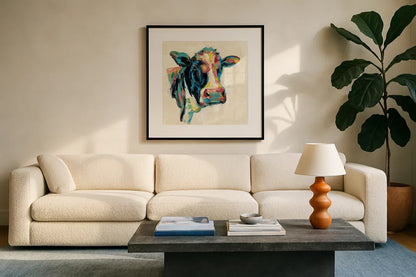 Expressionistic Cow I v2 by Silvia Vassileva. Displayed in a glass frame with matte in a clean modern living room. Available as an archival giclee rolled canvas, fine art paper, or poster print. SKU 54354a.