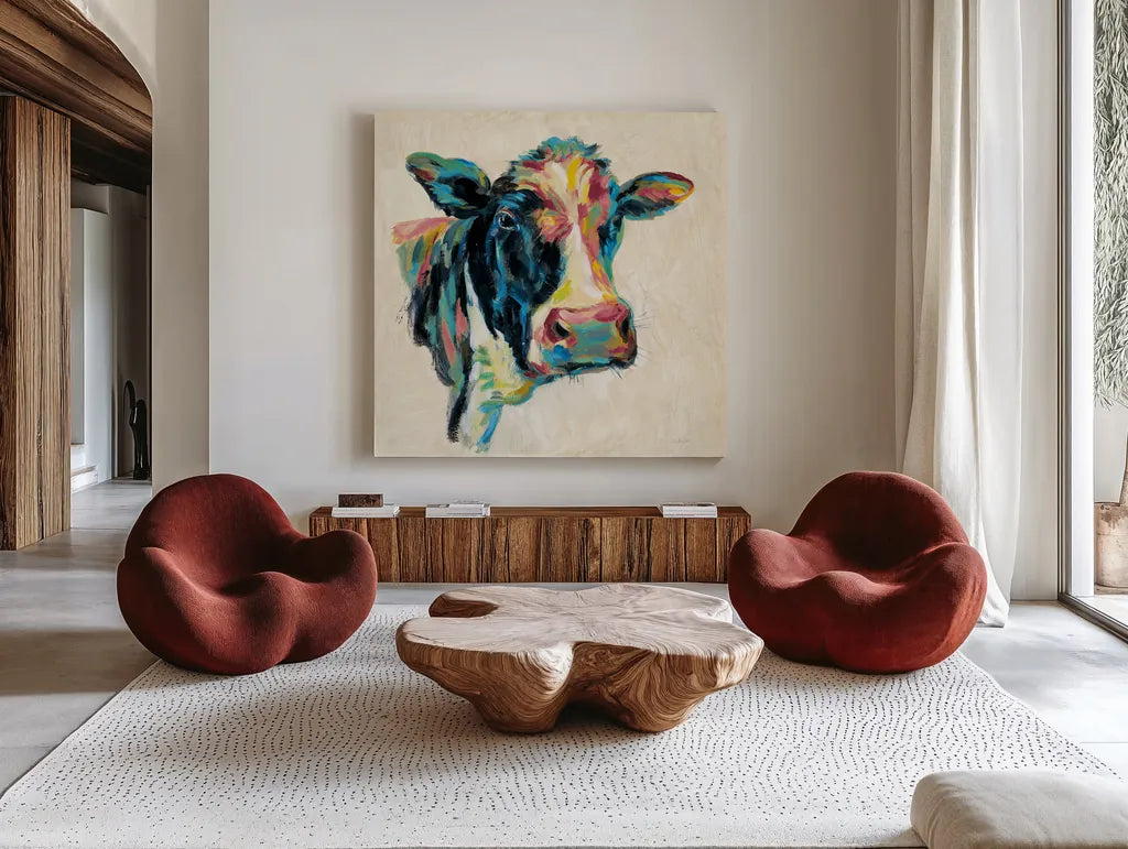 Expressionistic Cow I v2 by Silvia Vassileva. Shown as extra-large giant wall art in a modern living room. Available as an archival giclee rolled canvas, fine art paper, or poster print. SKU 54354a.