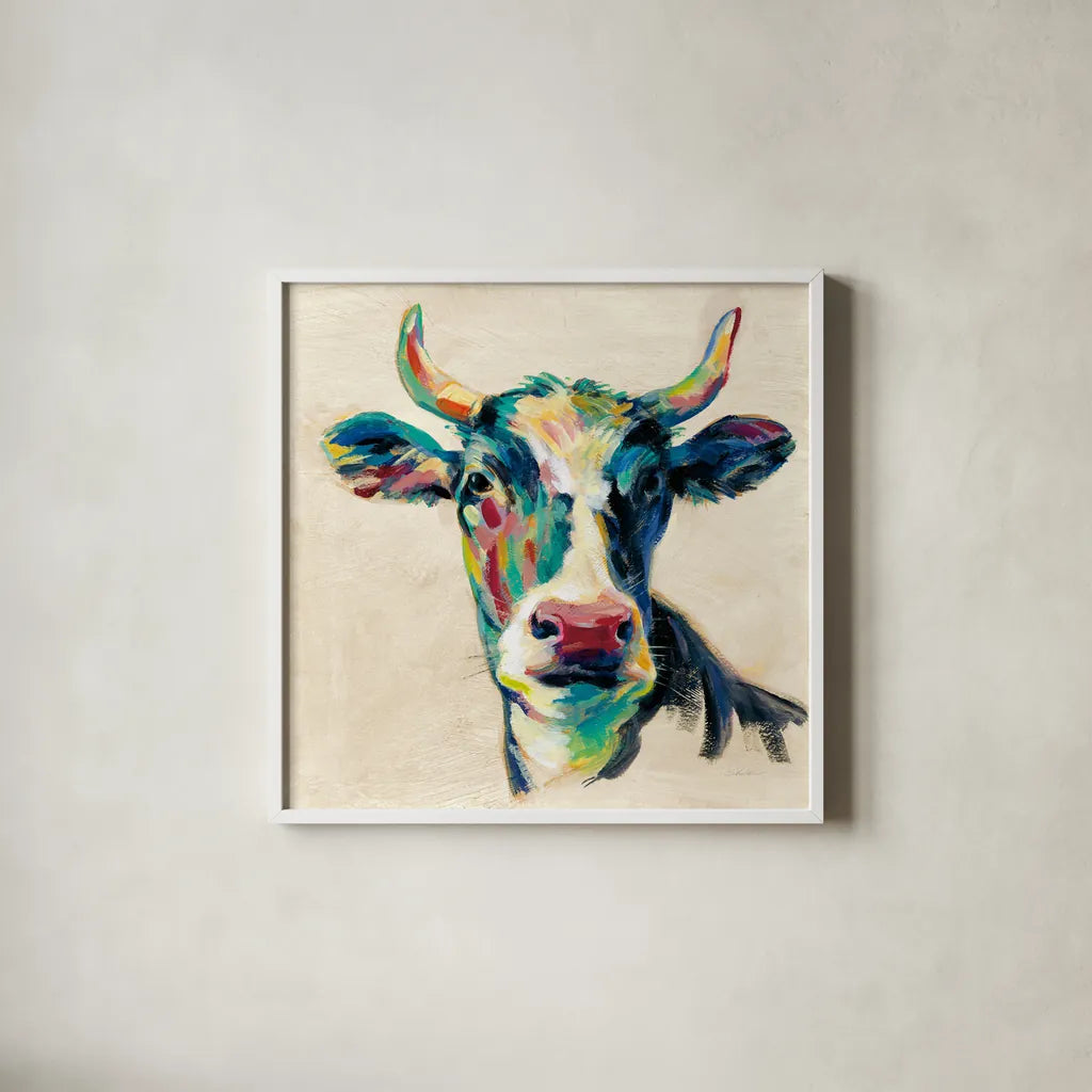 Expressionistic Cow II by Silvia Vassileva. Shown in a crisp white glass frame for a clean and minimalist style. Available as an archival giclee rolled canvas, fine art paper, or poster print. SKU 49920a.