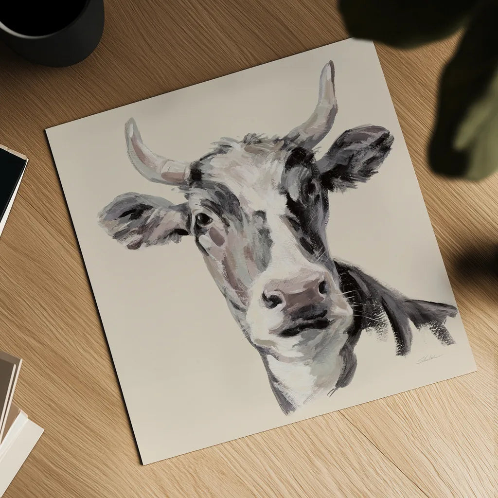 Expressionistic Cow II Neutral by Silvia Vassileva. Shown as a detailed flat fine art print, highlighting archival giclee quality. Available as an archival giclee rolled canvas, fine art paper, or poster print. SKU 101473a.
