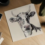 Expressionistic Cow II Neutral by Silvia Vassileva. Shown as a detailed flat fine art print, highlighting archival giclee quality. Available as an archival giclee rolled canvas, fine art paper, or poster print. SKU 101473a.