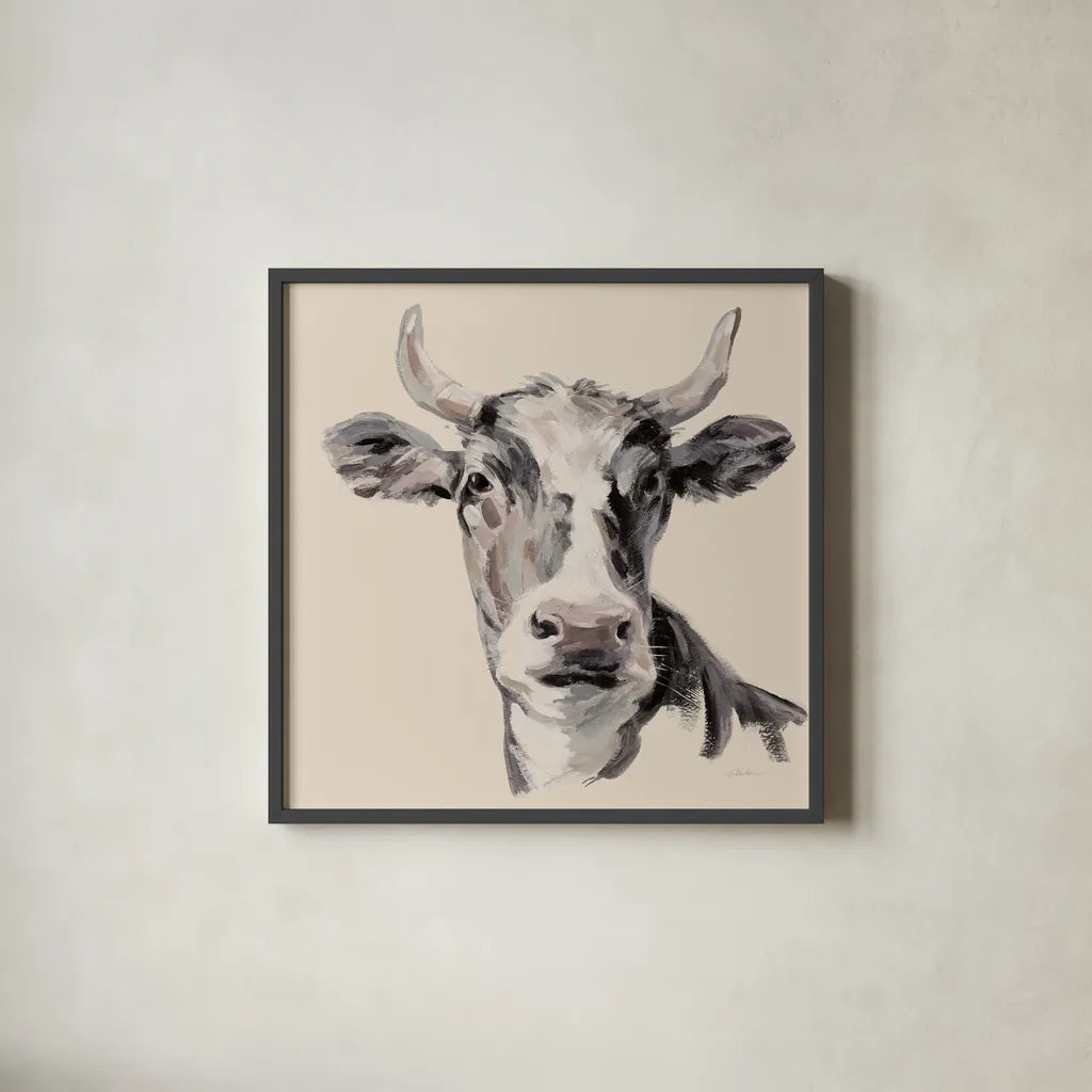 Expressionistic Cow II Neutral by Silvia Vassileva. Shown in a sleek black glass frame for a contemporary gallery look. Available as an archival giclee rolled canvas, fine art paper, or poster print. SKU 101473a.