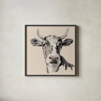 Expressionistic Cow II Neutral by Silvia Vassileva. Shown in a sleek black glass frame for a contemporary gallery look. Available as an archival giclee rolled canvas, fine art paper, or poster print. SKU 101473a.
