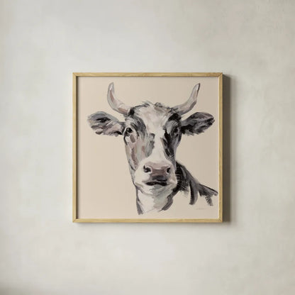 Expressionistic Cow II Neutral by Silvia Vassileva. Shown in a natural wood glass frame for a timeless modern aesthetic. Available as an archival giclee rolled canvas, fine art paper, or poster print. SKU 101473a.