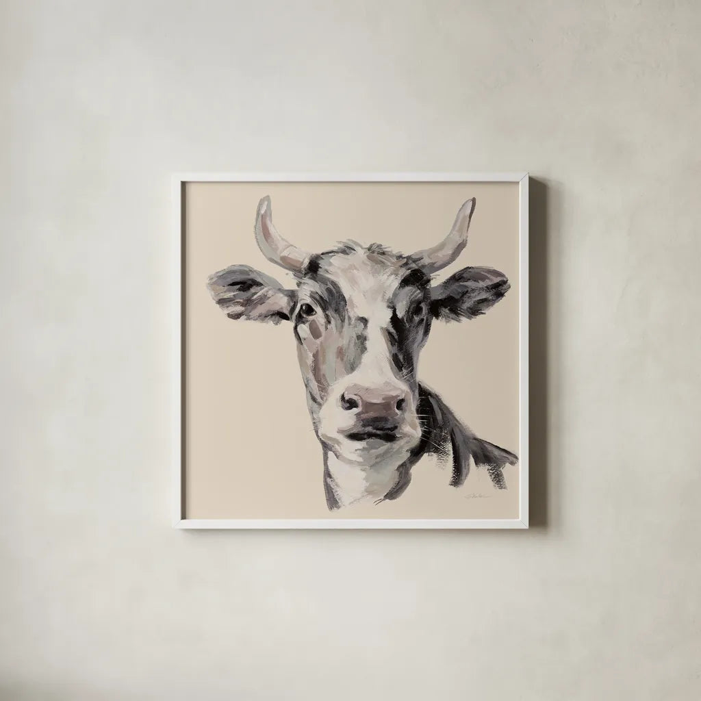 Expressionistic Cow II Neutral by Silvia Vassileva. Shown in a crisp white glass frame for a clean and minimalist style. Available as an archival giclee rolled canvas, fine art paper, or poster print. SKU 101473a.