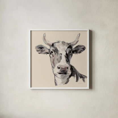 Expressionistic Cow II Neutral by Silvia Vassileva. Shown in a crisp white glass frame for a clean and minimalist style. Available as an archival giclee rolled canvas, fine art paper, or poster print. SKU 101473a.