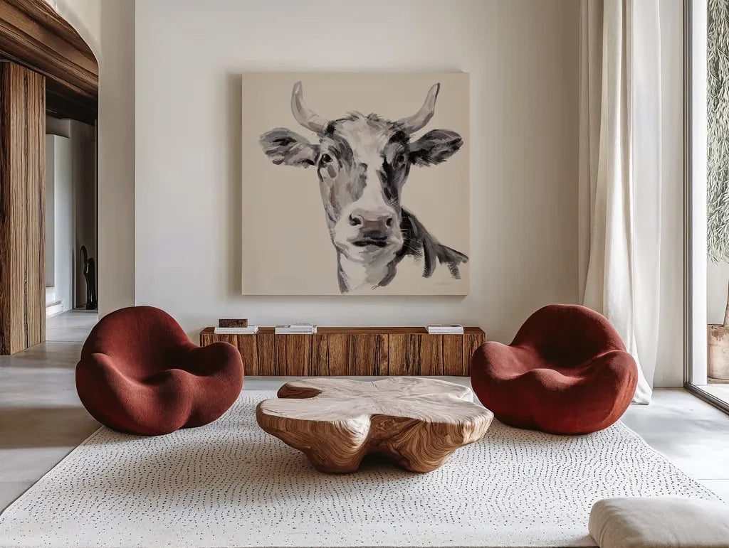 Expressionistic Cow II Neutral by Silvia Vassileva. Shown as extra-large giant wall art in a modern living room. Available as an archival giclee rolled canvas, fine art paper, or poster print. SKU 101473a.