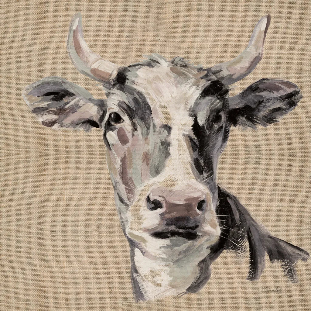 Expressionistic Cow II Neutral Burlap by Silvia Vassileva. SKU 101476a. Archival Giclee Fine art print for wall decor.