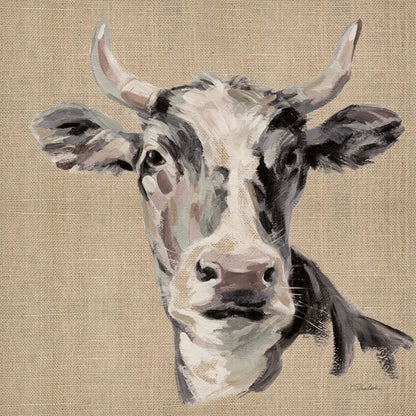 Expressionistic Cow II Neutral Burlap by Silvia Vassileva. SKU 101476a. Archival Giclee Fine art print for wall decor.