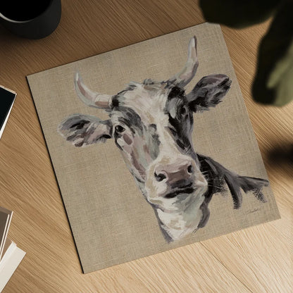 Expressionistic Cow II Neutral Burlap by Silvia Vassileva. Shown as a detailed flat fine art print, highlighting archival giclee quality. Available as an archival giclee rolled canvas, fine art paper, or poster print. SKU 101476a.