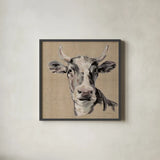 Expressionistic Cow II Neutral Burlap by Silvia Vassileva. Shown in a sleek black glass frame for a contemporary gallery look. Available as an archival giclee rolled canvas, fine art paper, or poster print. SKU 101476a.