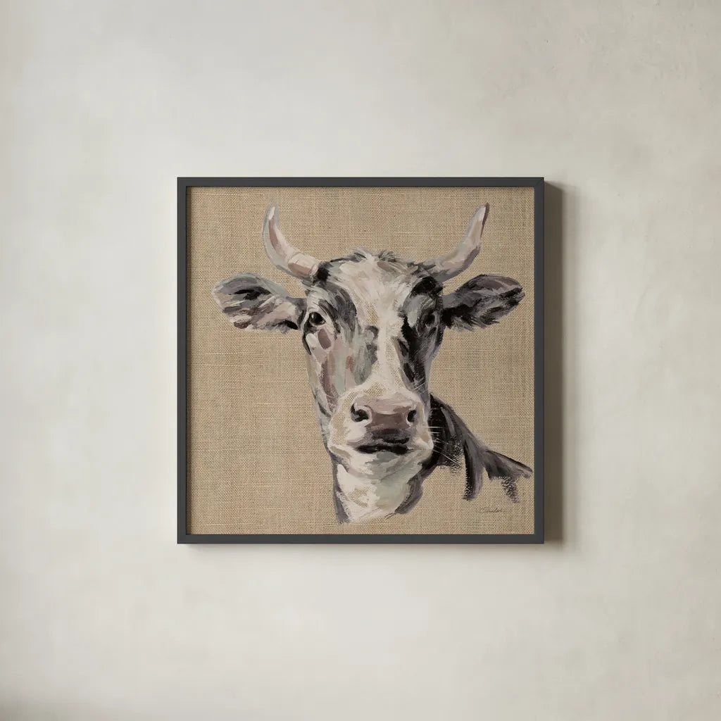 Expressionistic Cow II Neutral Burlap by Silvia Vassileva. Shown in a sleek black glass frame for a contemporary gallery look. Available as an archival giclee rolled canvas, fine art paper, or poster print. SKU 101476a.