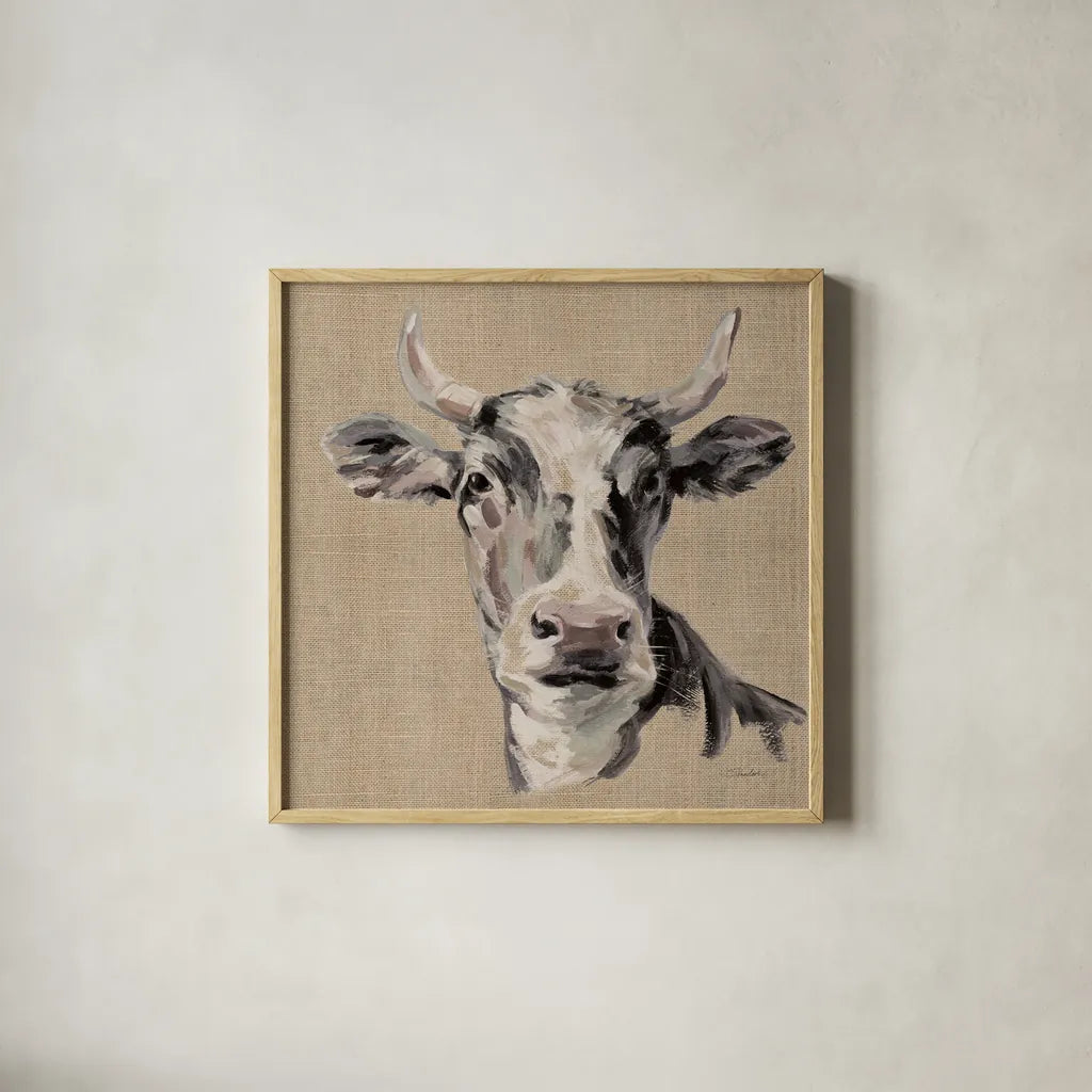 Expressionistic Cow II Neutral Burlap by Silvia Vassileva. Shown in a natural wood glass frame for a timeless modern aesthetic. Available as an archival giclee rolled canvas, fine art paper, or poster print. SKU 101476a.