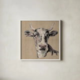 Expressionistic Cow II Neutral Burlap by Silvia Vassileva. Shown in a crisp white glass frame for a clean and minimalist style. Available as an archival giclee rolled canvas, fine art paper, or poster print. SKU 101476a.