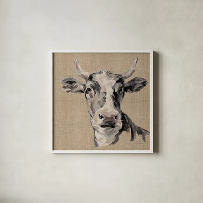 Expressionistic Cow II Neutral Burlap by Silvia Vassileva. Shown in a crisp white glass frame for a clean and minimalist style. Available as an archival giclee rolled canvas, fine art paper, or poster print. SKU 101476a.