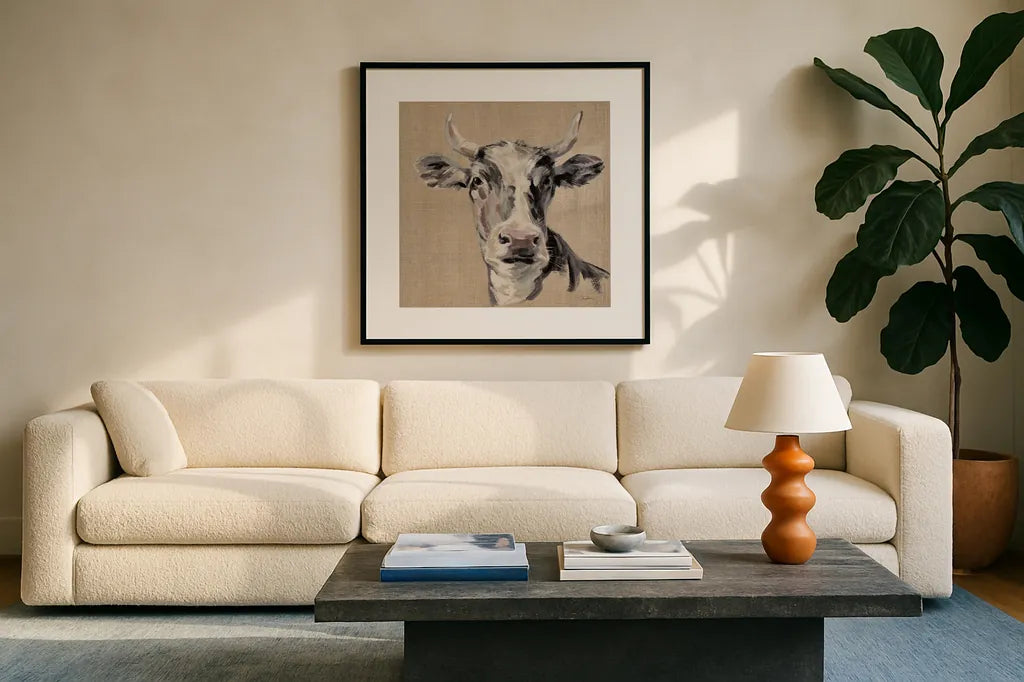 Expressionistic Cow II Neutral Burlap by Silvia Vassileva. Displayed in a glass frame with matte in a clean modern living room. Available as an archival giclee rolled canvas, fine art paper, or poster print. SKU 101476a.