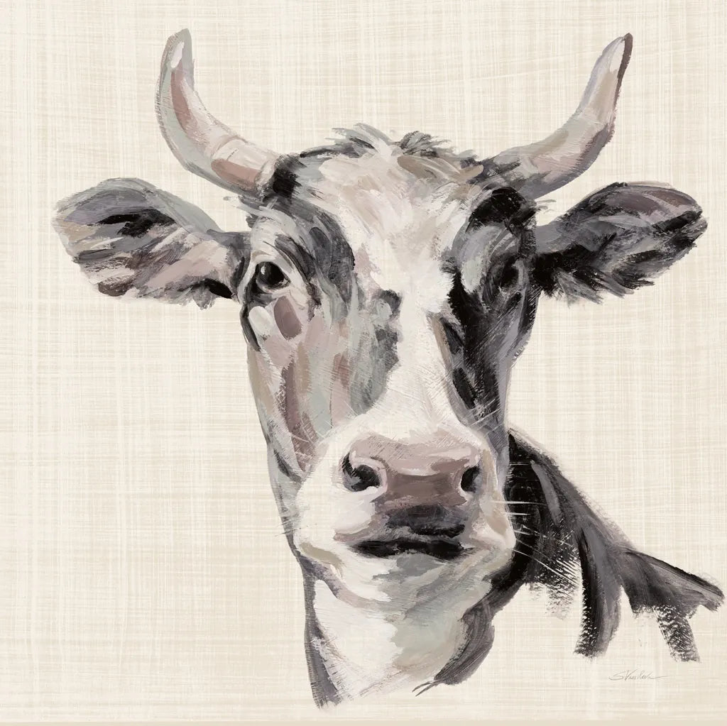 Expressionistic Cow II Neutral Linen by Silvia Vassileva. SKU 101474a. Archival Giclee Fine art print for wall decor.