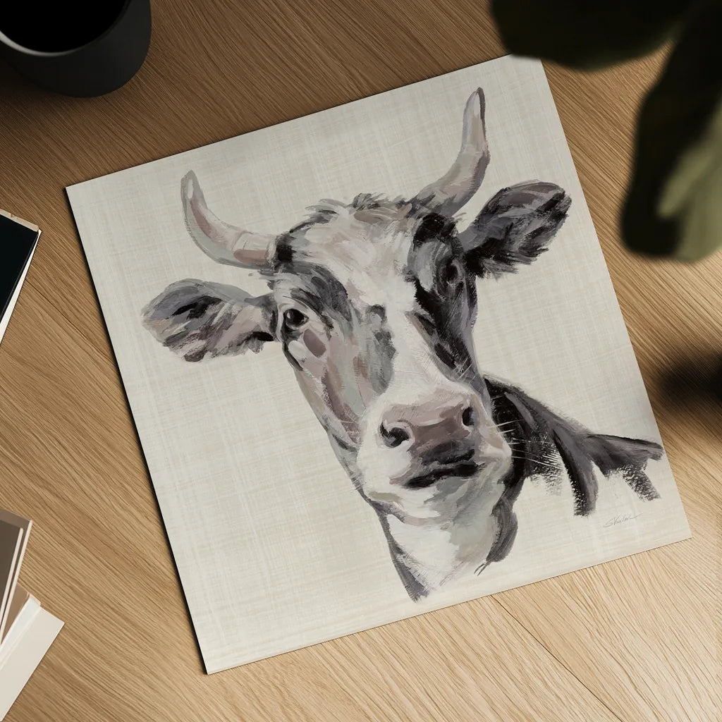 Expressionistic Cow II Neutral Linen by Silvia Vassileva. Shown as a detailed flat fine art print, highlighting archival giclee quality. Available as an archival giclee rolled canvas, fine art paper, or poster print. SKU 101474a.