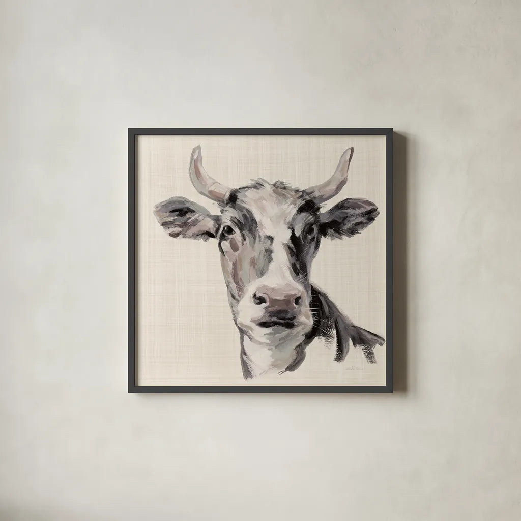 Expressionistic Cow II Neutral Linen by Silvia Vassileva. Shown in a sleek black glass frame for a contemporary gallery look. Available as an archival giclee rolled canvas, fine art paper, or poster print. SKU 101474a.