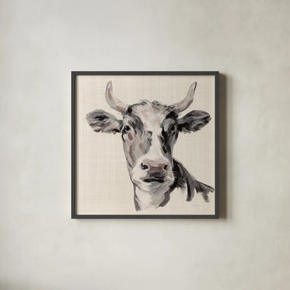 Expressionistic Cow II Neutral Linen by Silvia Vassileva. Shown in a sleek black glass frame for a contemporary gallery look. Available as an archival giclee rolled canvas, fine art paper, or poster print. SKU 101474a.