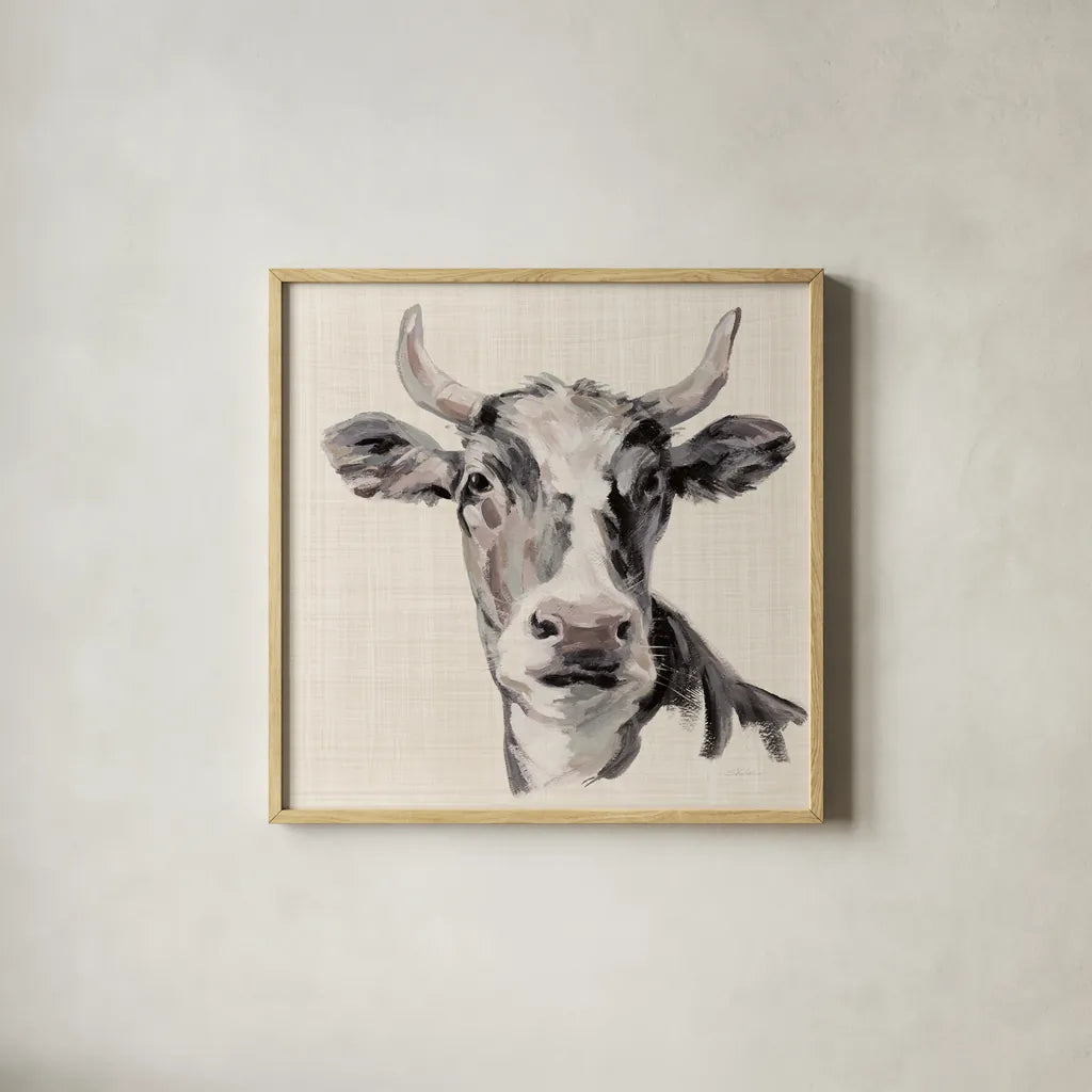 Expressionistic Cow II Neutral Linen by Silvia Vassileva. Shown in a natural wood glass frame for a timeless modern aesthetic. Available as an archival giclee rolled canvas, fine art paper, or poster print. SKU 101474a.
