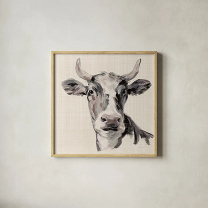 Expressionistic Cow II Neutral Linen by Silvia Vassileva. Shown in a natural wood glass frame for a timeless modern aesthetic. Available as an archival giclee rolled canvas, fine art paper, or poster print. SKU 101474a.