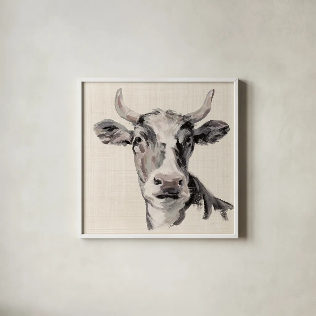 Expressionistic Cow II Neutral Linen by Silvia Vassileva. Shown in a crisp white glass frame for a clean and minimalist style. Available as an archival giclee rolled canvas, fine art paper, or poster print. SKU 101474a.