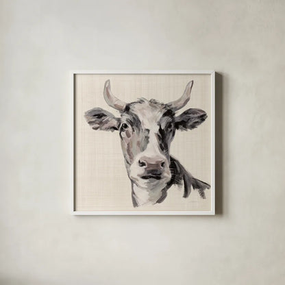 Expressionistic Cow II Neutral Linen by Silvia Vassileva. Shown in a crisp white glass frame for a clean and minimalist style. Available as an archival giclee rolled canvas, fine art paper, or poster print. SKU 101474a.