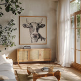 Expressionistic Cow II Neutral Linen by Silvia Vassileva. Shown in a natural wood frame in a cozy modern living room. Available as an archival giclee rolled canvas, fine art paper, or poster print. SKU 101474a.