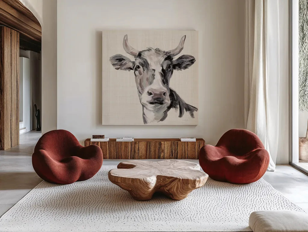 Expressionistic Cow II Neutral Linen by Silvia Vassileva. Shown as extra-large giant wall art in a modern living room. Available as an archival giclee rolled canvas, fine art paper, or poster print. SKU 101474a.
