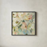 Expressive Pale Floral Square by Silvia Vassileva. Shown in a sleek black glass frame for a contemporary gallery look. Available as an archival giclee rolled canvas, fine art paper, or poster print. SKU 49261a.