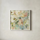 Expressive Pale Floral Square by Silvia Vassileva. Shown in a crisp white glass frame for a clean and minimalist style. Available as an archival giclee rolled canvas, fine art paper, or poster print. SKU 49261a.
