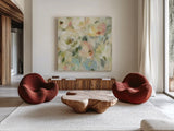 Expressive Pale Floral Square by Silvia Vassileva. Shown as extra-large giant wall art in a modern living room. Available as an archival giclee rolled canvas, fine art paper, or poster print. SKU 49261a.