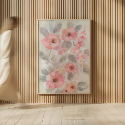 Expressive Pink Flowers I by Silvia Vassileva. shown as over sized large wall art. Available as an archival giclee rolled canvas, fine art paper, or poster print. SKU 63282h.