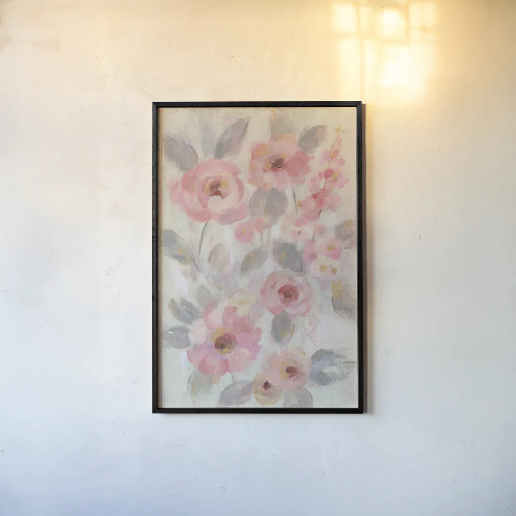 Expressive Pink Flowers I by Silvia Vassileva. shown as a paper print in a black flame. Available as a archival giclee rolled canvas, fine art paper, or poster print. SKU 63282h.