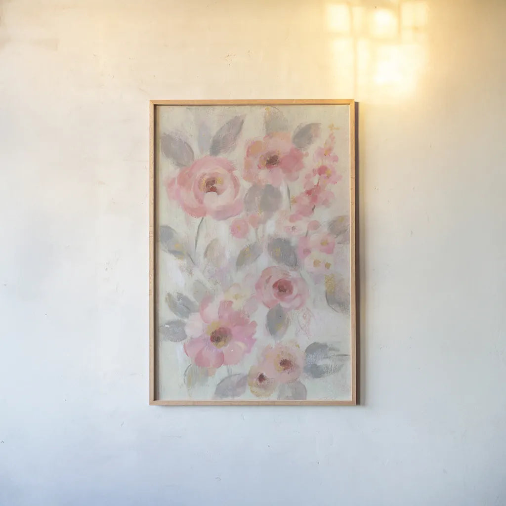 Expressive Pink Flowers I by Silvia Vassileva. shown as a paper print in a natural frame. Available as a archival giclee rolled canvas, fine art paper, or poster print. SKU 63282h.