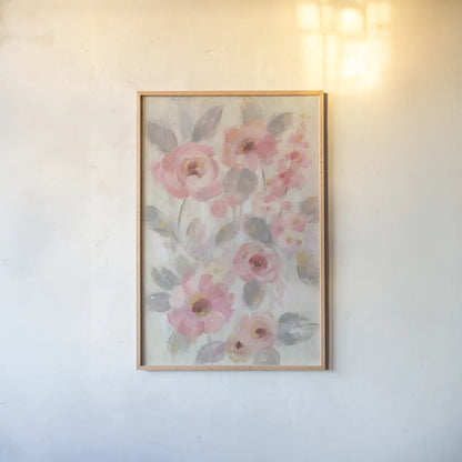 Expressive Pink Flowers I by Silvia Vassileva. shown as a paper print in a natural frame. Available as a archival giclee rolled canvas, fine art paper, or poster print. SKU 63282h.