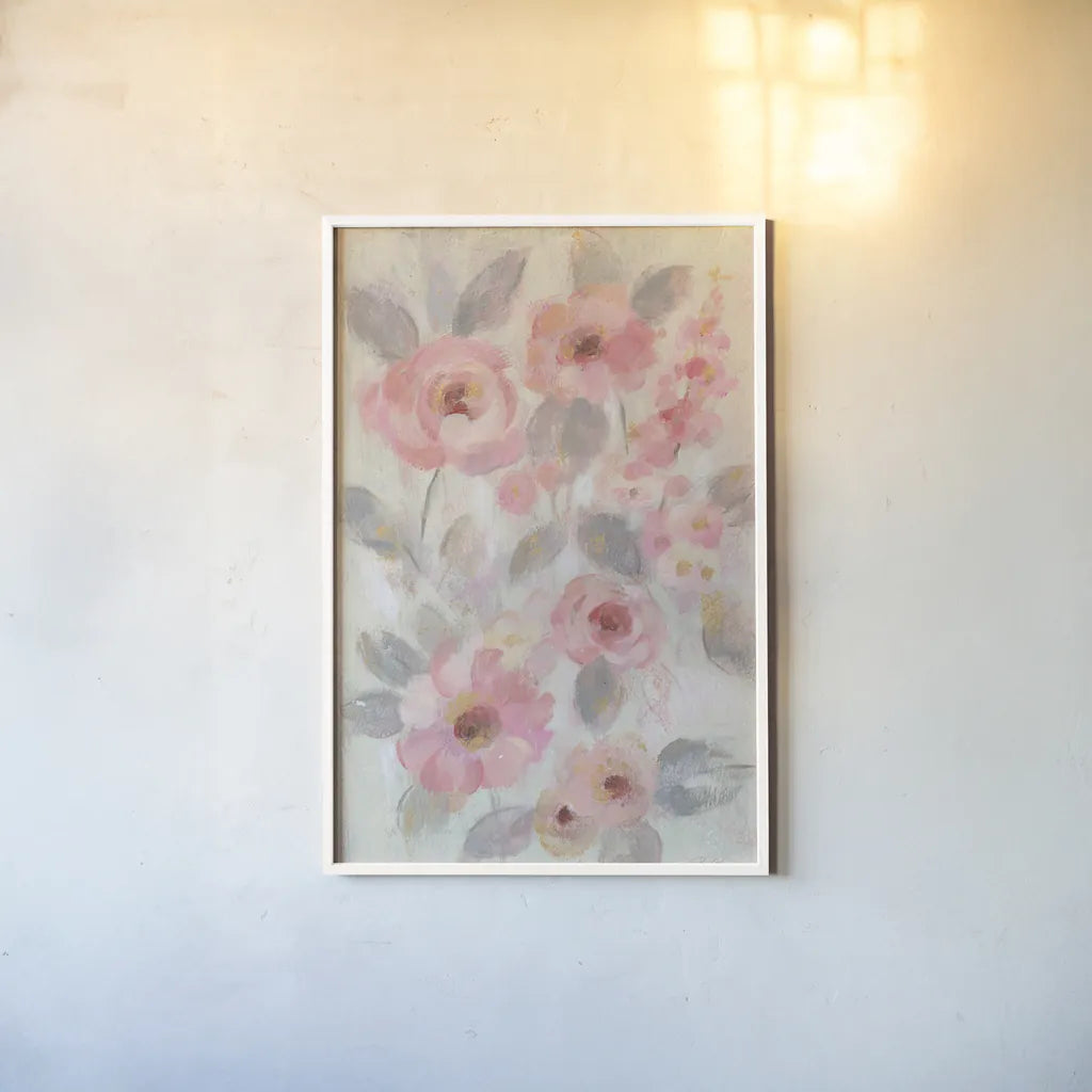 Expressive Pink Flowers I by Silvia Vassileva. shown as a paper print in a white frame. Available as a archival giclee rolled canvas, fine art paper, or poster print. SKU 63282h.