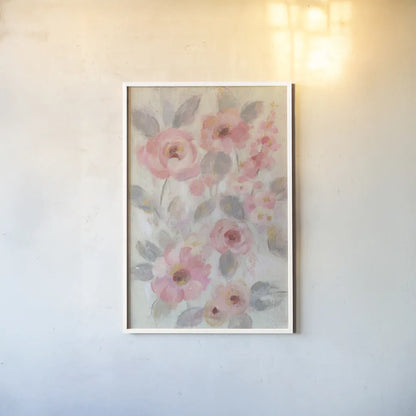 Expressive Pink Flowers I by Silvia Vassileva. shown as a paper print in a white frame. Available as a archival giclee rolled canvas, fine art paper, or poster print. SKU 63282h.