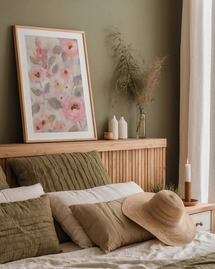 Expressive Pink Flowers II by Silvia Vassileva. shown as a paper print in a natural frame. Available as a archival giclee rolled canvas, fine art paper, or poster print. SKU 63283h.