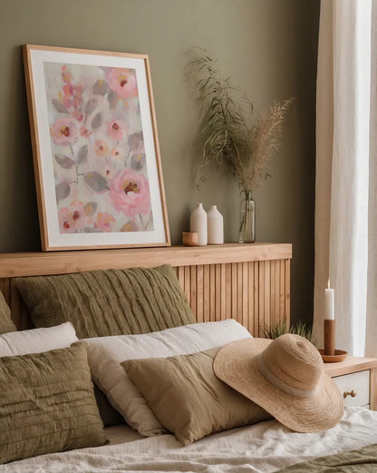 Expressive Pink Flowers II by Silvia Vassileva. shown as a paper print in a natural frame. Available as a archival giclee rolled canvas, fine art paper, or poster print. SKU 63283h.