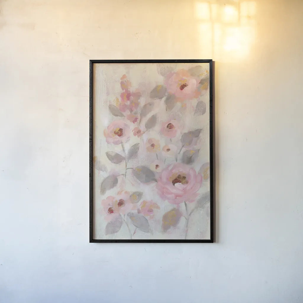 Expressive Pink Flowers II by Silvia Vassileva. shown as a paper print in a black flame. Available as a archival giclee rolled canvas, fine art paper, or poster print. SKU 63283h.