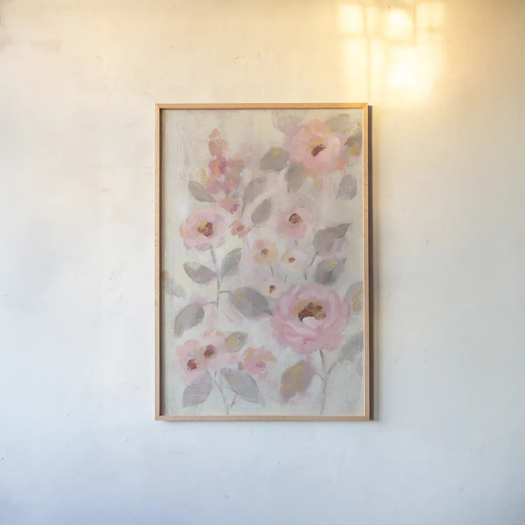 Expressive Pink Flowers II by Silvia Vassileva. shown as a paper print in a natural frame. Available as a archival giclee rolled canvas, fine art paper, or poster print. SKU 63283h.