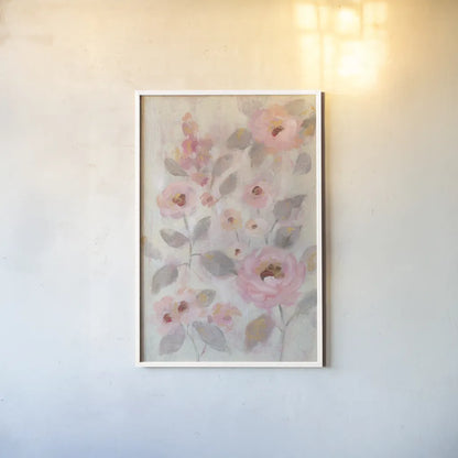 Expressive Pink Flowers II by Silvia Vassileva. shown as a paper print in a white frame. Available as a archival giclee rolled canvas, fine art paper, or poster print. SKU 63283h.