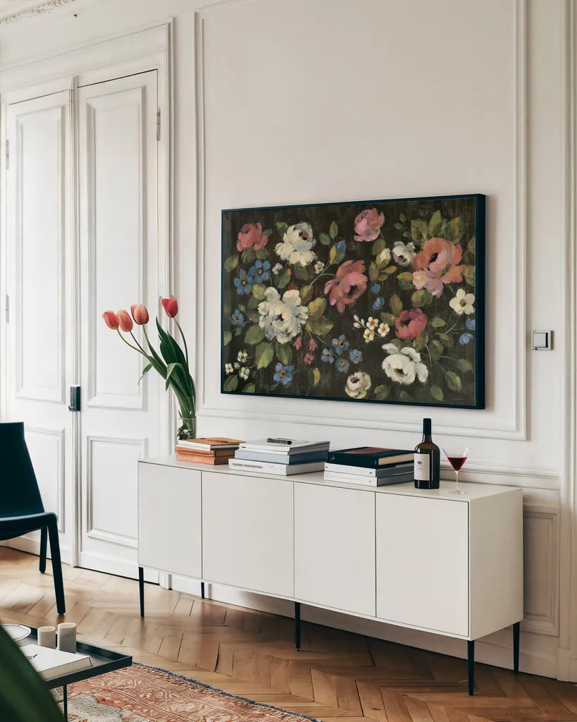 Expressive Spray on Black by Silvia Vassileva. shown as a framed stretched canvas in a living room above a console. Available as a archival giclee rolled canvas, fine art paper, or poster print. SKU 29204i.