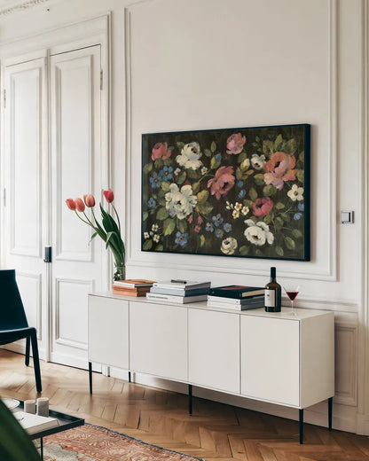 Expressive Spray on Black by Silvia Vassileva. shown as a framed stretched canvas in a living room above a console. Available as a archival giclee rolled canvas, fine art paper, or poster print. SKU 29204i.