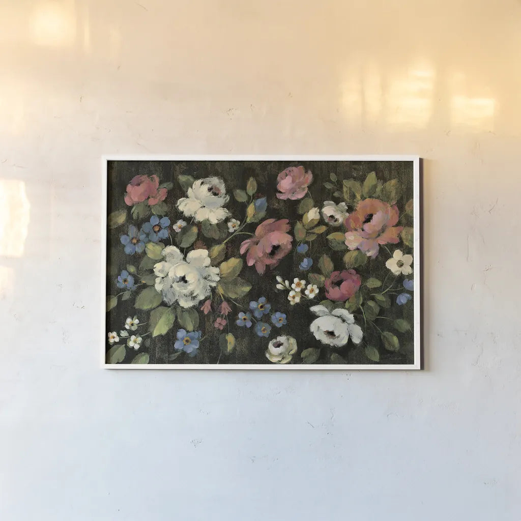 Expressive Spray on Black by Silvia Vassileva. shown as a paper print in a white frame. Available as a archival giclee rolled canvas, fine art paper, or poster print. SKU 29204i.