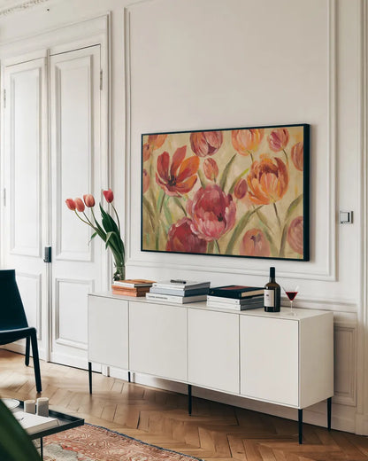 Expressive Tulips Neutral by Silvia Vassileva. shown as a framed stretched canvas in a living room above a console. Available as a archival giclee rolled canvas, fine art paper, or poster print. SKU 29160i.